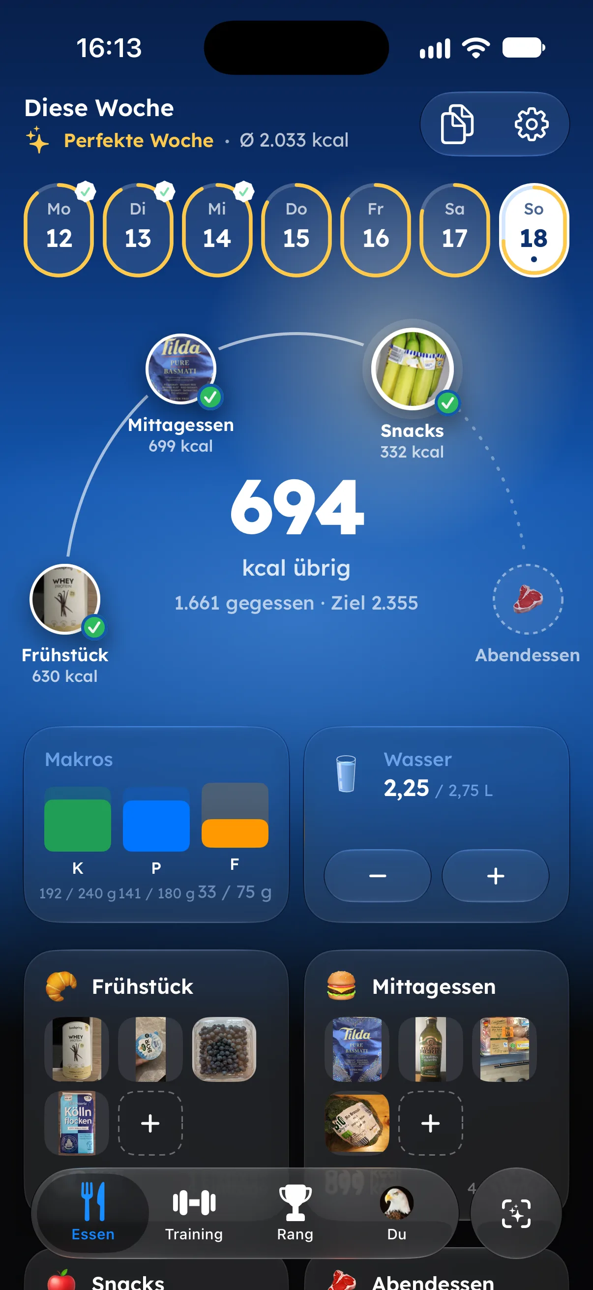 Fitaino Ernährungstagebuch mit Kalorienring und Makros