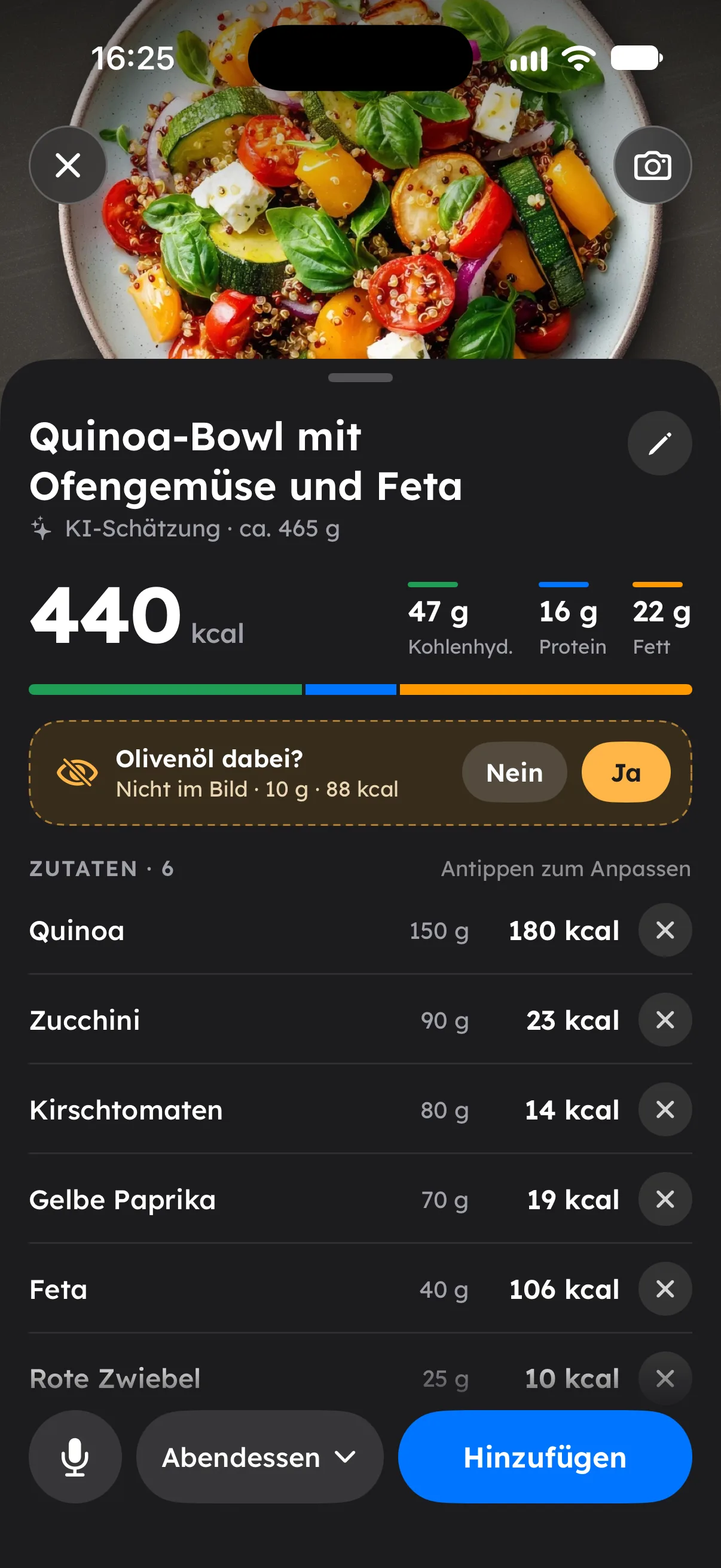 Ergebnis des KI-Scanners mit Kalorien, Makros und Zutaten