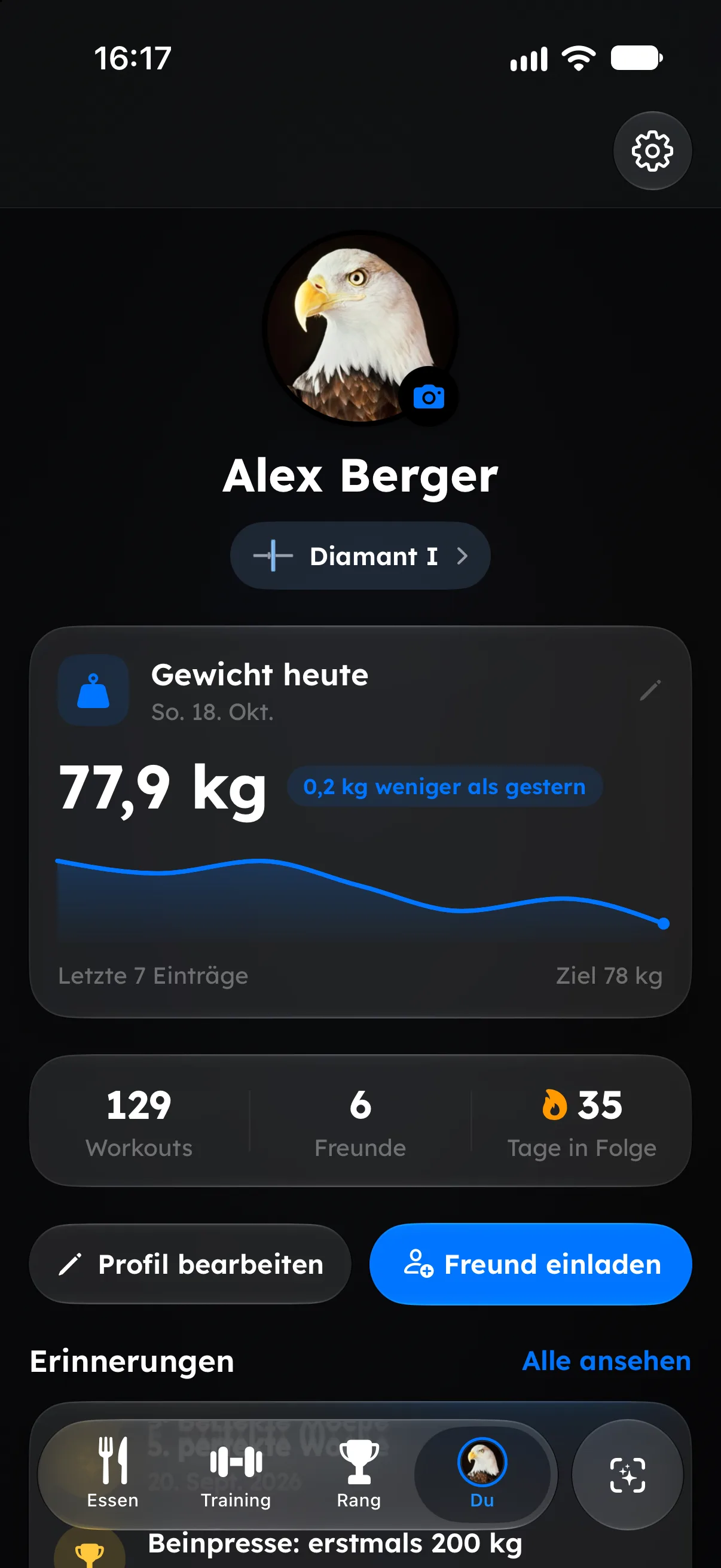 Du-Tab mit Profil, Streak und Körperwerten in Fitaino